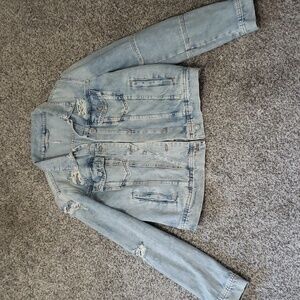 Free People, women's distressed jean jacket,  size Large